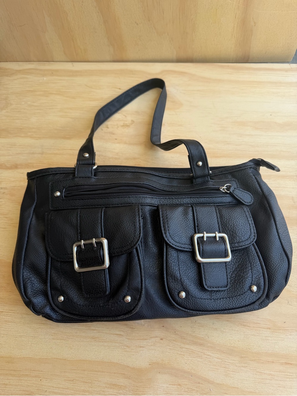 Classic Black Women's Shoulder Bag with Front Buckle Pockets
